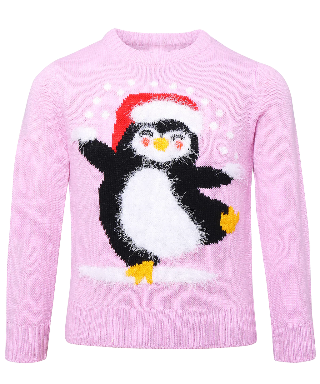 Kids Pink Penguin Knitted Christmas Jumper